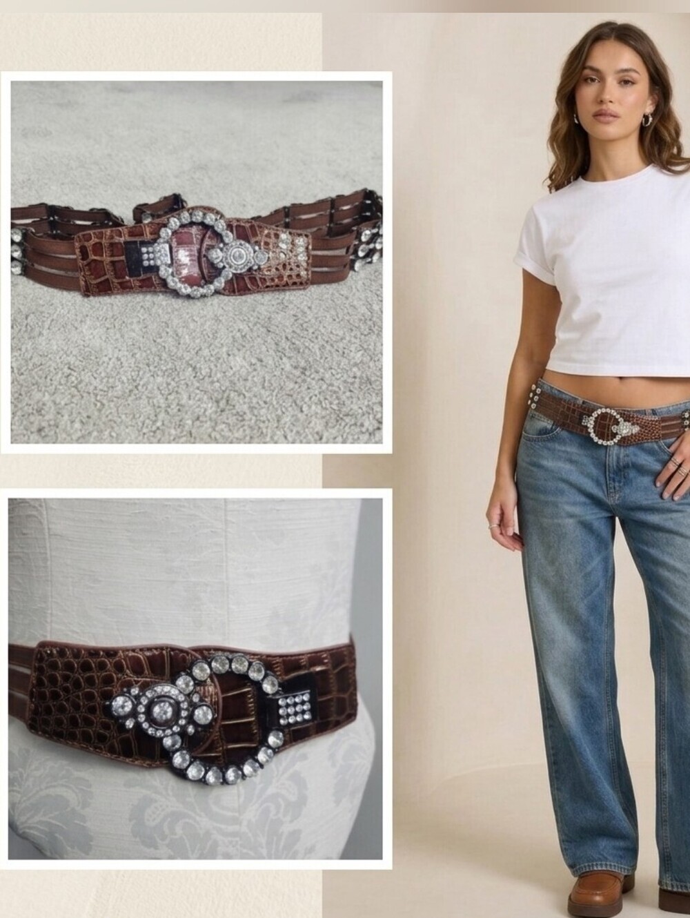 Brown Y2K Statement Belt Rhinestone Elastic Stretch Waist Belt McBling 2000s